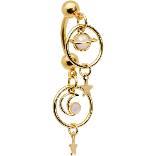 White Synthetic Opal Gold Tone Saturn Moon Double Mount Belly Ring