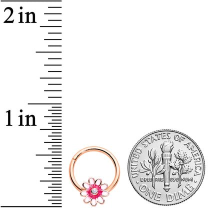 16G 3/8 Clear Gem Rose Gold Tone Pink Flower Hinged Segment Ring