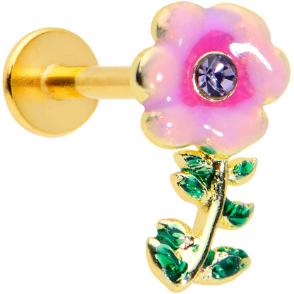 16G 5/16 Purple CZ Gem Gold Tone Pink Flower Labret Monroe Tragus