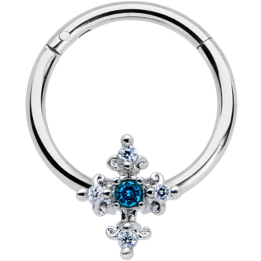 16G 3/8 Clear Blue Gem Renaissance Cross Hinged Segment Ring