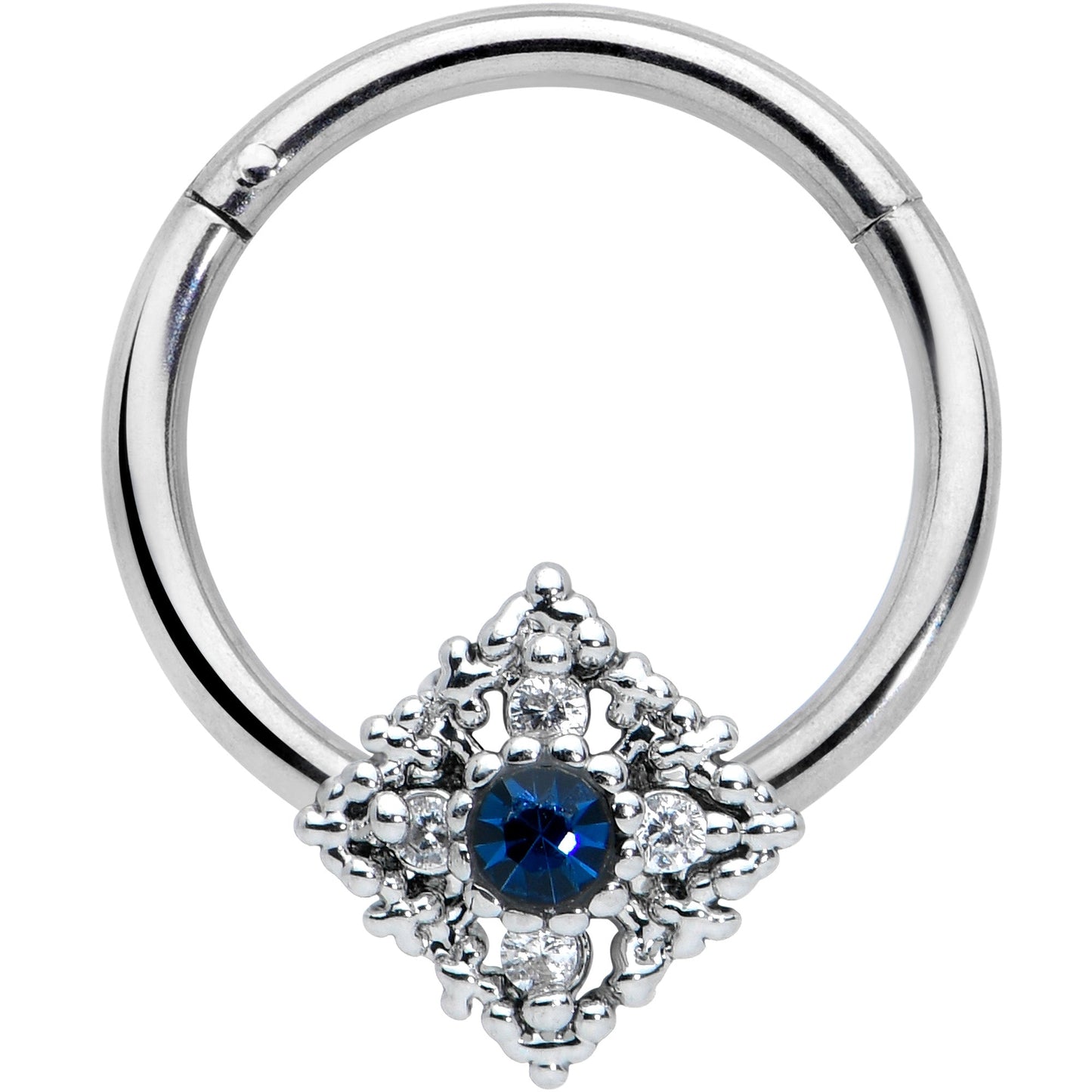 16G 3/8 Clear Blue Gem Textured Rhombus Cross Hinged Segment Ring