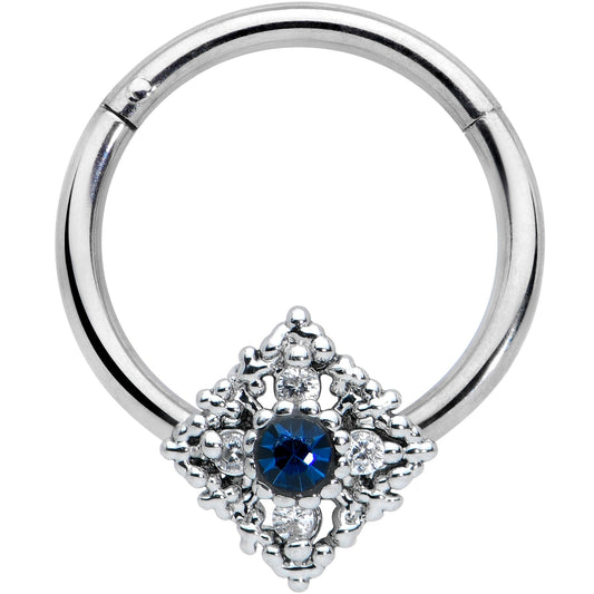 16G 3/8 Clear Blue Gem Textured Rhombus Cross Hinged Segment Ring