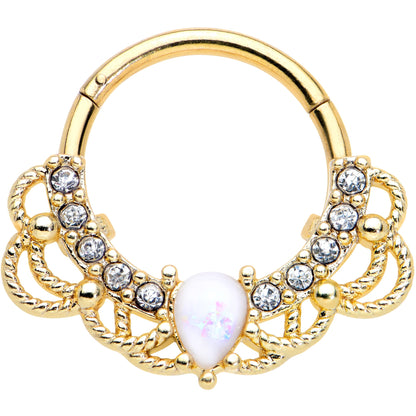 16G 3/8 White Faux Opal Gold Tone Lace Lover Hinged Segment Ring