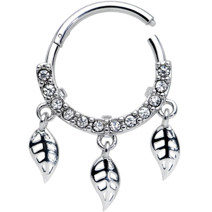 16G 3/8 Clear Gem Open Leaf Dangle Hinged Segment Ring