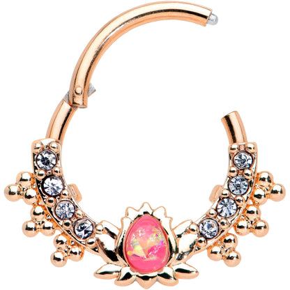 16G 3/8 Pink Faux Opal Rose Gold Hue Lotus Hinged Segment Ring