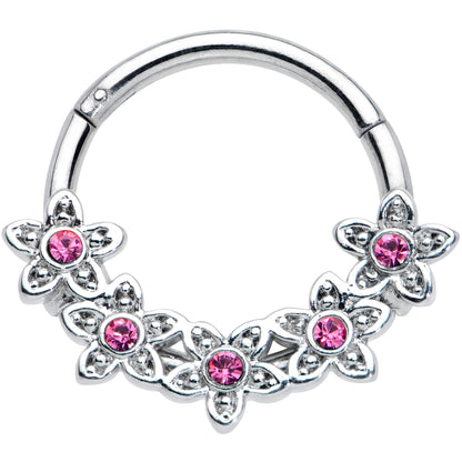 16G 3/8 Pink Gem Foxy Floral Hinged Segment Ring