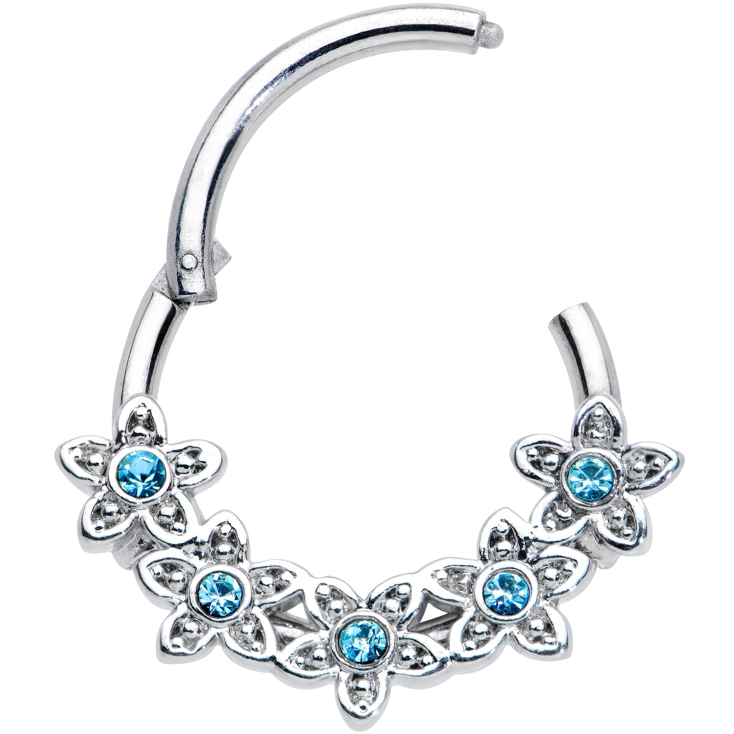 16G 3/8 Blue Gem Foxy Floral Hinged Segment Ring