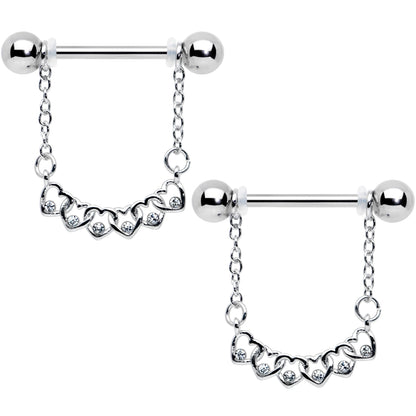14G 9/16 Clear Gem Link Heart Valentine Dangle Nipple Ring Set