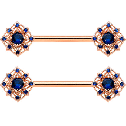 14G 9/16 Blue Gem Rose Gold Tone Wicked Web Nipple Ring Set