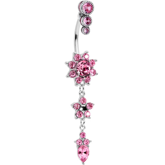 Pink Gem Triple Top Double Flower Drop Dangle Belly Ring