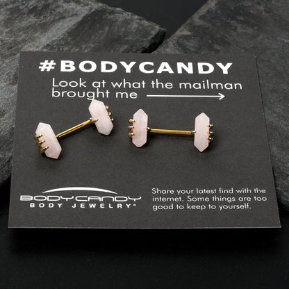 14G 9/16 Pink Rose Quartz Gold Tone Claw Barbell Nipple Ring Set