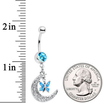 Aqua Gem Crescent Moon Butterfly Dangle Belly Ring