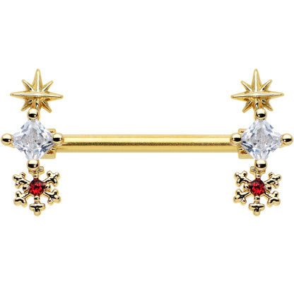 14G 9/16 Red Gold Tone Snowflake Star Christmas Nipple Ring Set