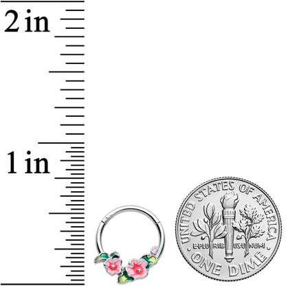 16G 3/8 Lovely Pink Flowers Hinged Segment Ring