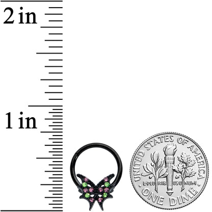 16G 3/8 Pink Green Gem Bat Wings Halloween Hinged Segment Ring