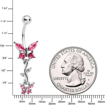 Clear Pink Gem Vine Butterfly Dangle Belly Ring