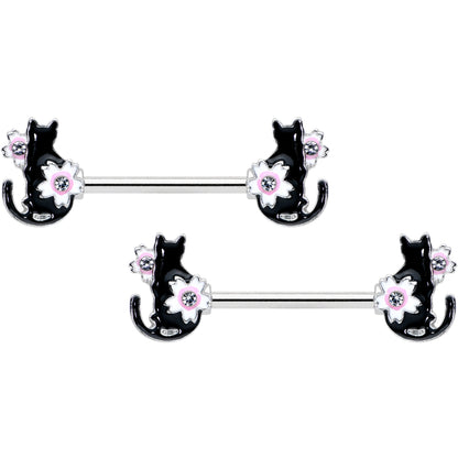 14G 9/16 Clear Gem Flowers Black Cat Barbell Nipple Ring Set