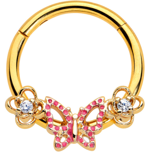 16G 3/8 Clear CZ Gem Gold Hue Sweet Butterfly Hinged Segment Ring