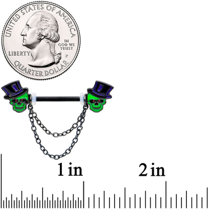 14G Green Top Hat Skull Halloween Dangle Nipple Ring Set