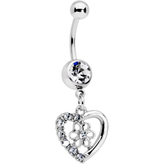 Clear Gem Floral Hollow Heart Valentines Day Dangle Belly Ring