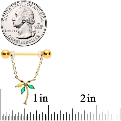 14G 9/16 Green Gem Gold Hue Palm Tree Chain Dangle Nipple Ring Set