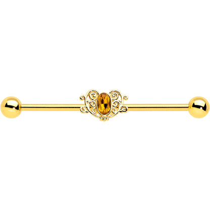 14G Yellow Gem Gold Tone Duet Scroll Industrial Barbell 38mm