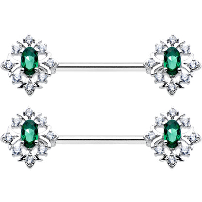14G 9/16 Clear Green Gem Ornate Art Deco Barbell Nipple Ring Set