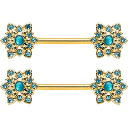 14G 9/16 Aqua Gem Gold Tone Snowflake Christmas Nipple Ring Set