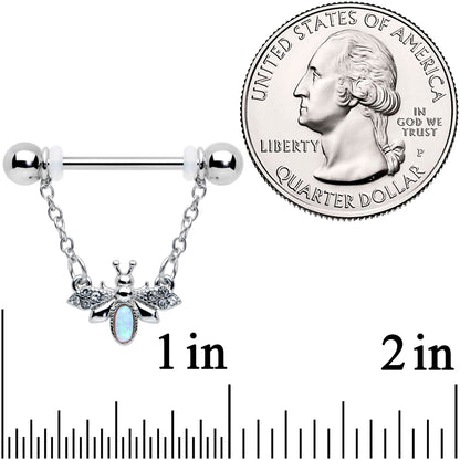 14G 9/16 White Synthetic Opal Chain Dangle Nipple Ring Set