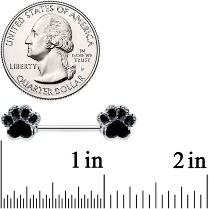 14G 9/16 Textured Black Paw Print Barbell Nipple Ring Set