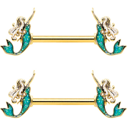 14G 9/16 Green Faux Opal Gold Tone Curvy Mermaid Nipple Ring Set