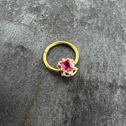 16G 3/8 Clear Pink Gem Gold Tone Open Oblong Hinged Segment Ring