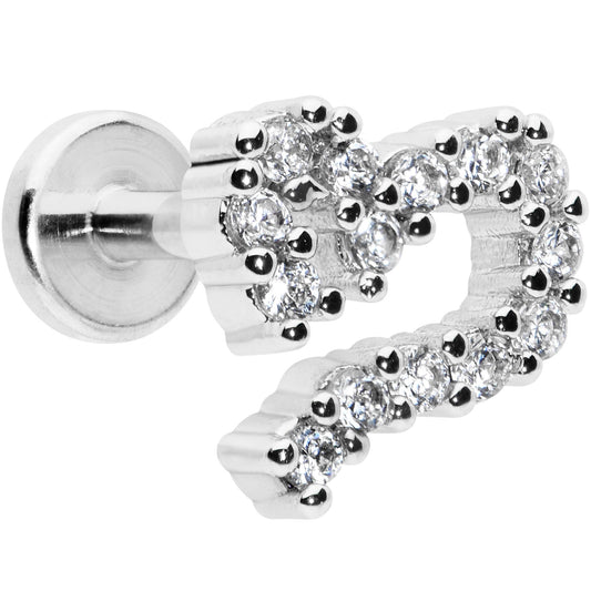 16G 1/4 Clear CZ Gem Half Heart Internally Threaded Labret Tragus