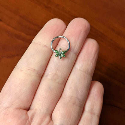 16G 3/8 Green Gem Texture Loopy Pot Leaf Hinged Segment Ring