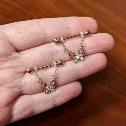 14G 5/8 Clear Gem Rosy Tone Airy Butterfly Dangle Nipple Ring Set