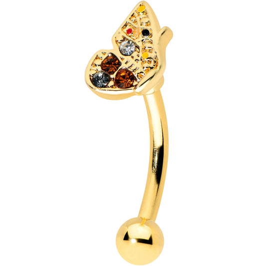 16G 5/16 Orange Black Gem Gold Tone Butterfly Curved Eyebrow Ring