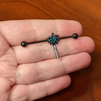 14G Clear Gem Black Night Palm Tree Dangle Industrial Barbell 38mm