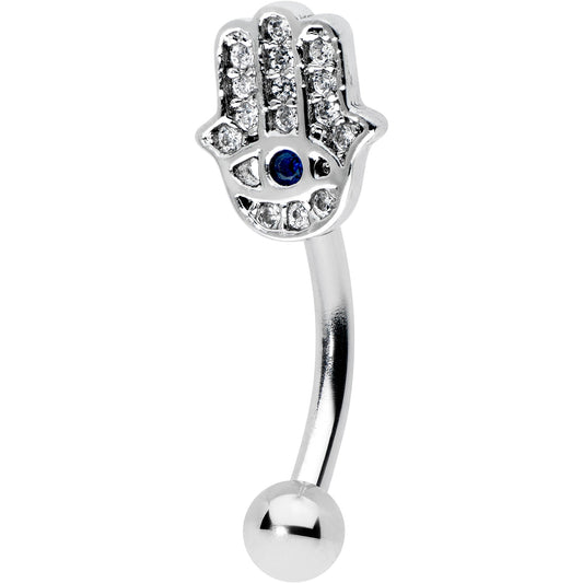 16G 5/16 Clear Blue Gem Eye Hamsa Hand Curved Eyebrow Ring
