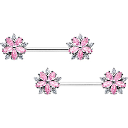 14G 9/16 Pink CZ Gem Floral Burst Barbell Nipple Ring Set