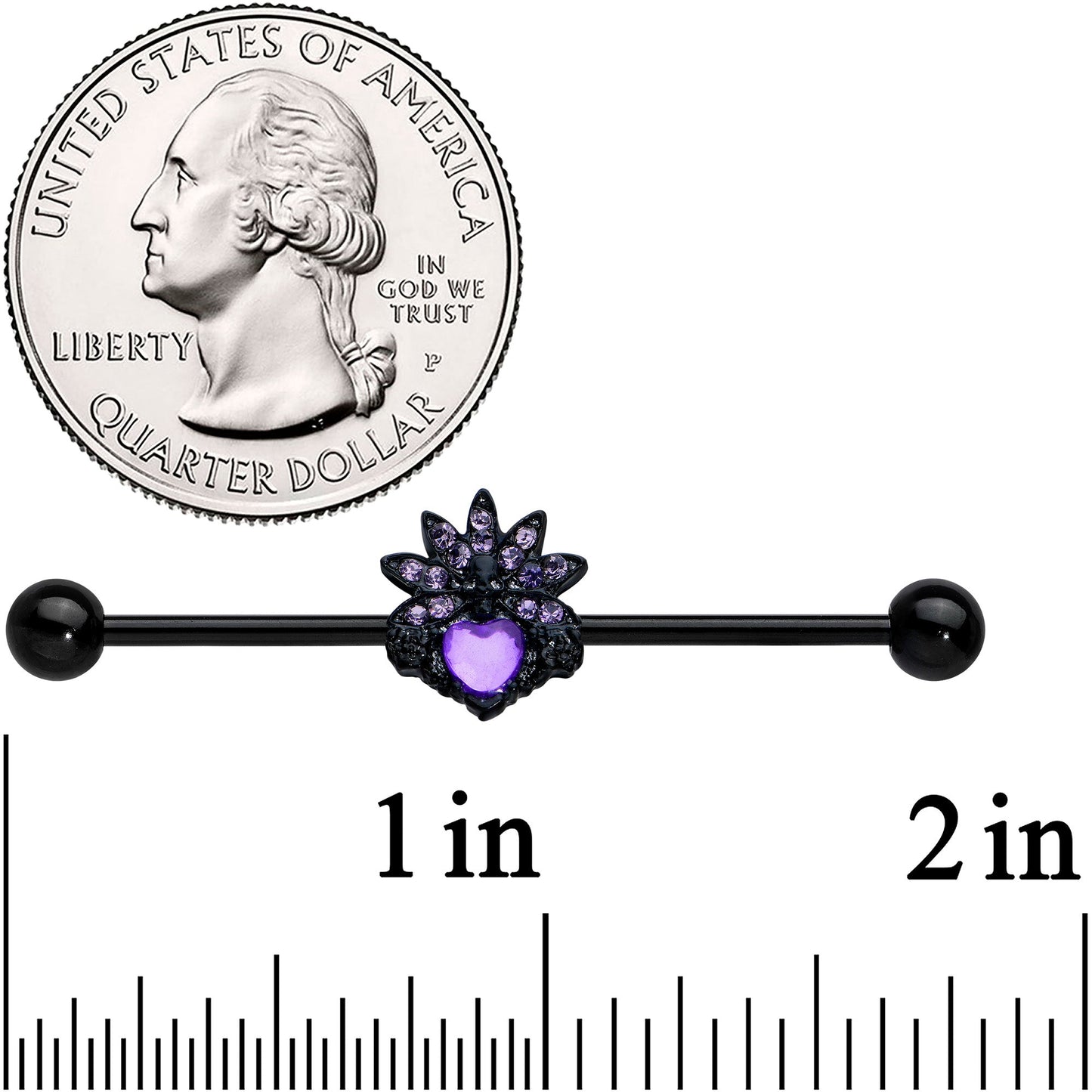 14G Purple Gem Black Skull Blossom Heart Industrial Barbell 38mm