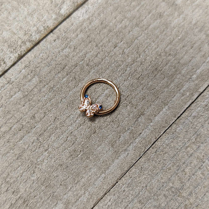 16G 3/8 Blue Gem Rose Gold Tone Butterfly Hinged Segment Ring