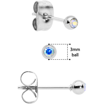 3mm 4mm 5mm Aurora Gem Ball 316L Stainless Steel Stud Earrings 3 Pack