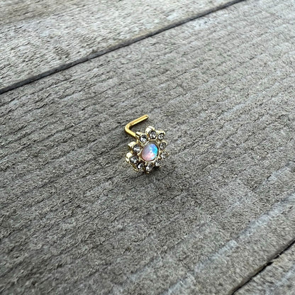 20G 7mm White Faux Opal Gold Tone Heart Sun L Shape Nose Ring
