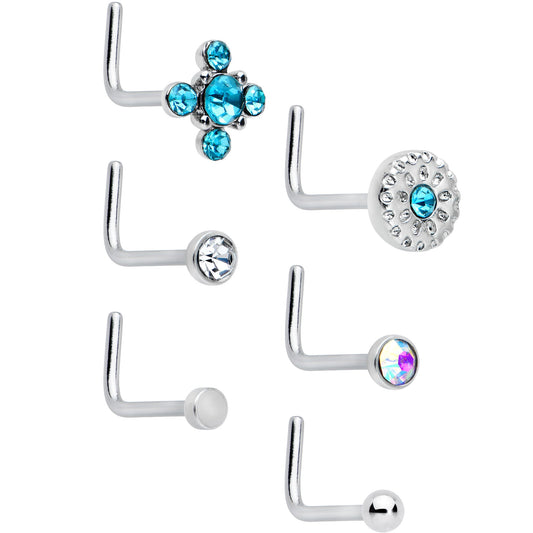 20G 1/4 Aurora Blue CZ Gem Flower L Shape Nose Ring Set of 6