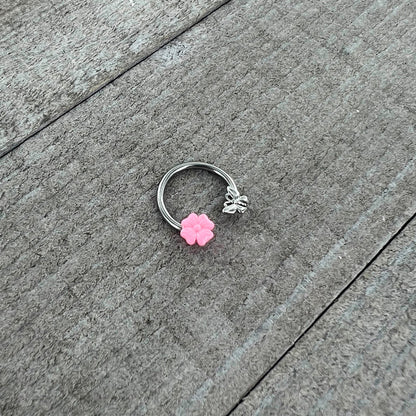 16G 3/8 Butterfly Pink Flower Horseshoe Circular Barbell