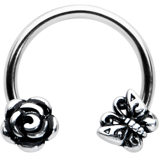 16G 3/8 Antiqued Butterfly Flower Horseshoe Circular Barbell