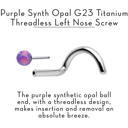 18G 1/4 Purple Synth Opal G23 Titanium Threadless Left Nose Screw