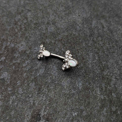 White Faux Opal Clear Gem Double Butterfly Double Mount Belly Ring