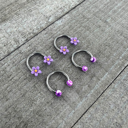 16G 3/8 Purple Ball Flowers Horseshoe Circular Barbell Set of 4