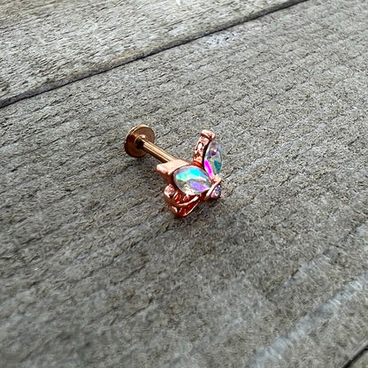 16G 5/16 Aurora CZ Gem Rosy Tone Fleur de Lis Butterfly Labret Monroe Tragus